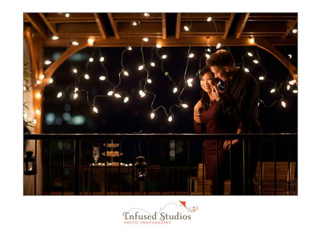 Fairy lights decorate the gazebo Engagement photos by infusedstudios.ca