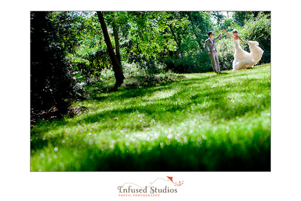 Bride and Groom portraits in green field