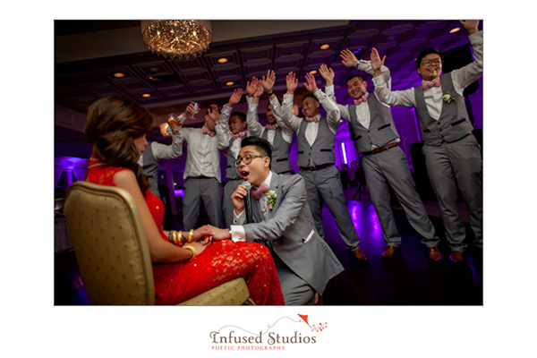 Groom and groomsmen serenading bride