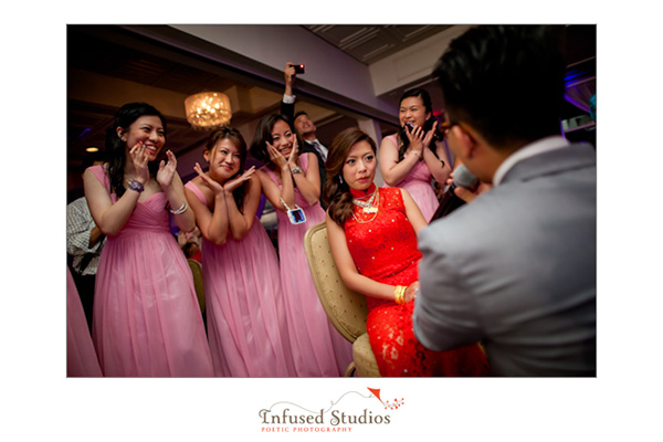 Bride and bridesmaids reaction to serenade