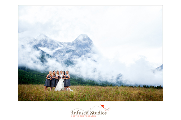 Bride and bridesmaids in front of Mountains