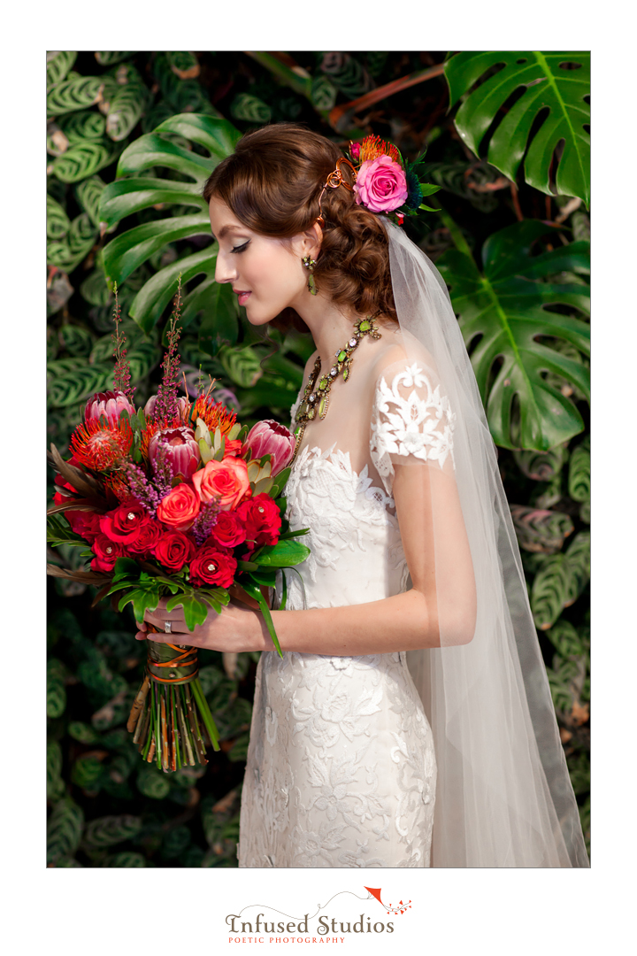Classic bridal look with exotic bouquet