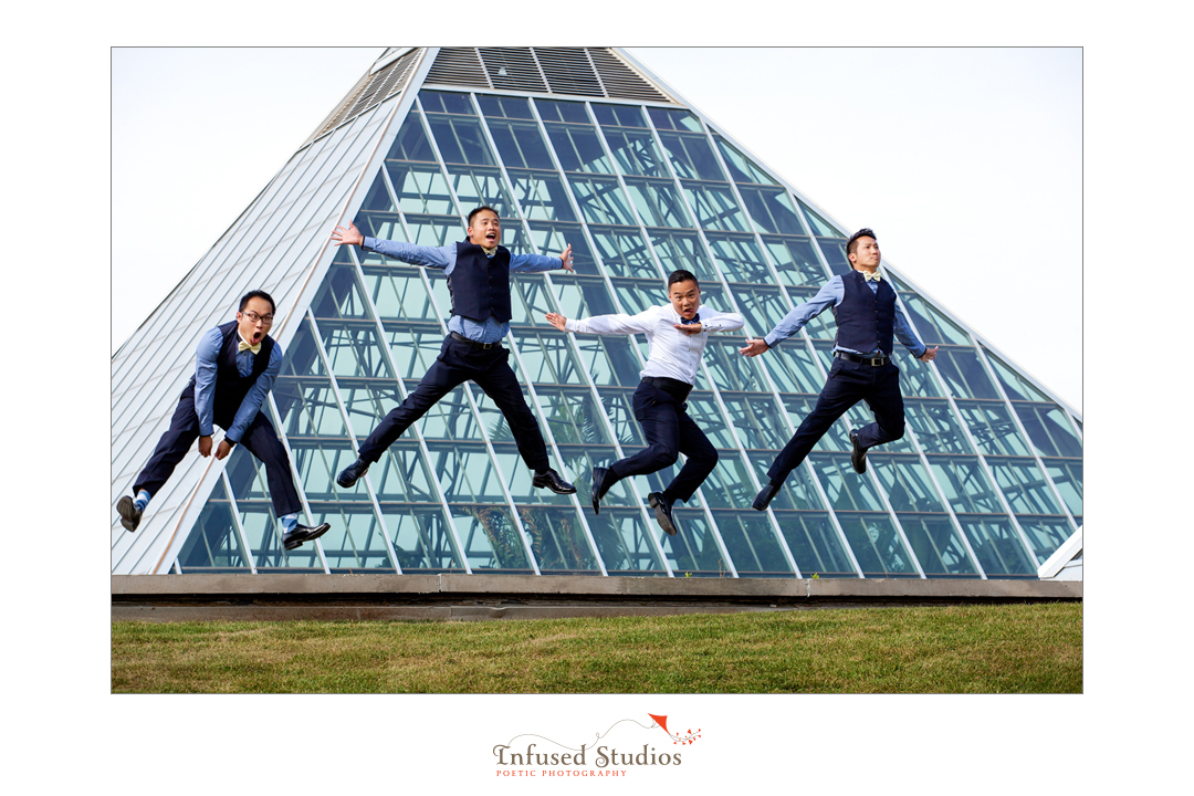 Edmonton wedding portraits of groomsmen at Muttart conservatory