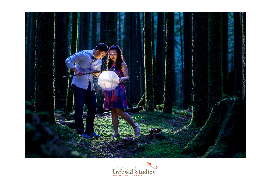 Creative forest engagement photography, Vancouver