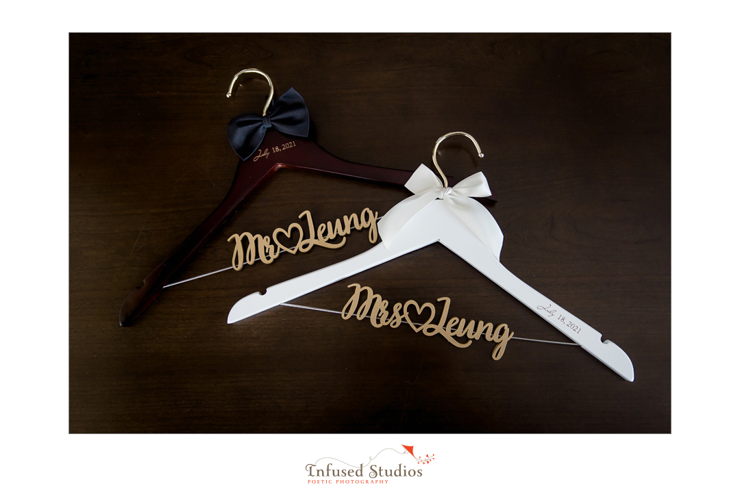 Customised wedding coat hangers Calgary wedding photography by Infused Studios